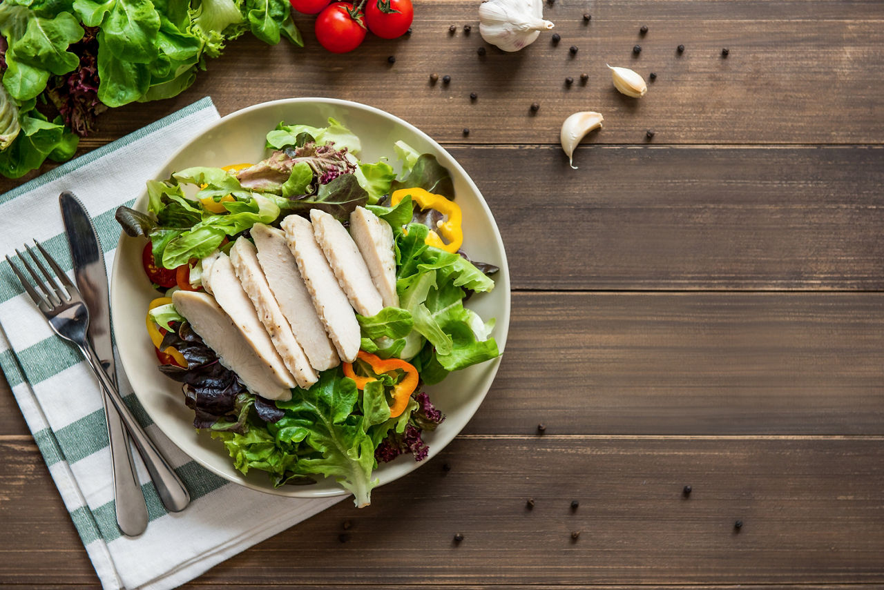 Top view on wood table background with copy space. Healthy food.